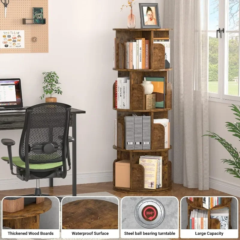 Wood Rotating Bookshelf 360 Display 4 Tier Floor Standing Bookcase Storage Rack for Bedroom Living Room