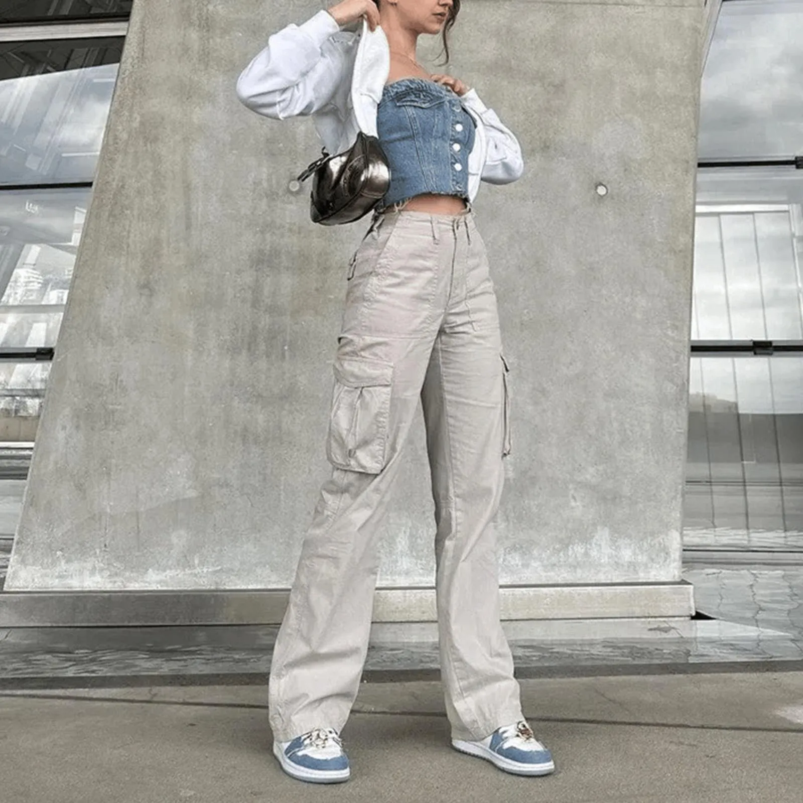 

Women Vintage Grey Cargo Pants High Waist Wide Leg Jeans Baggy Casual Fashion Multiple Pockets Mom Hip Hop Street Style Autumn