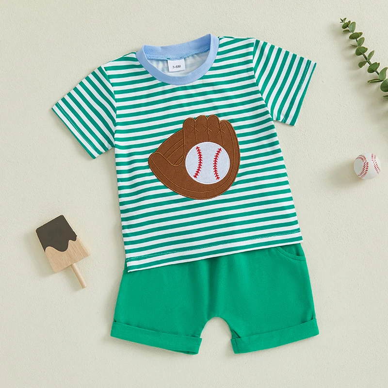 Boys Summer Outfits Striped Baseball Embroidered Short Sleeve T-Shirts with Elastic Waist Shorts 2-Piece Clothing Set for 1