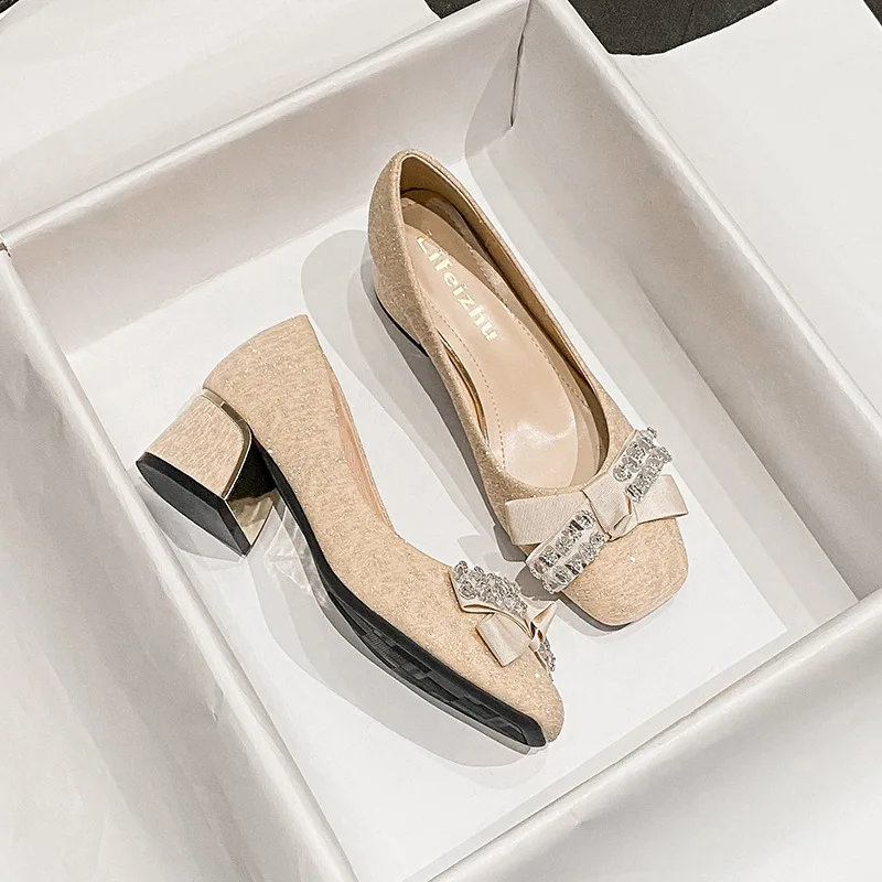 Plus Size 35-43 Women Pumps Med Heel Square Toe Office Lady Shoes Bling Diamonds Bowknot Wedding Bridesmaid Party Shoes 55-3