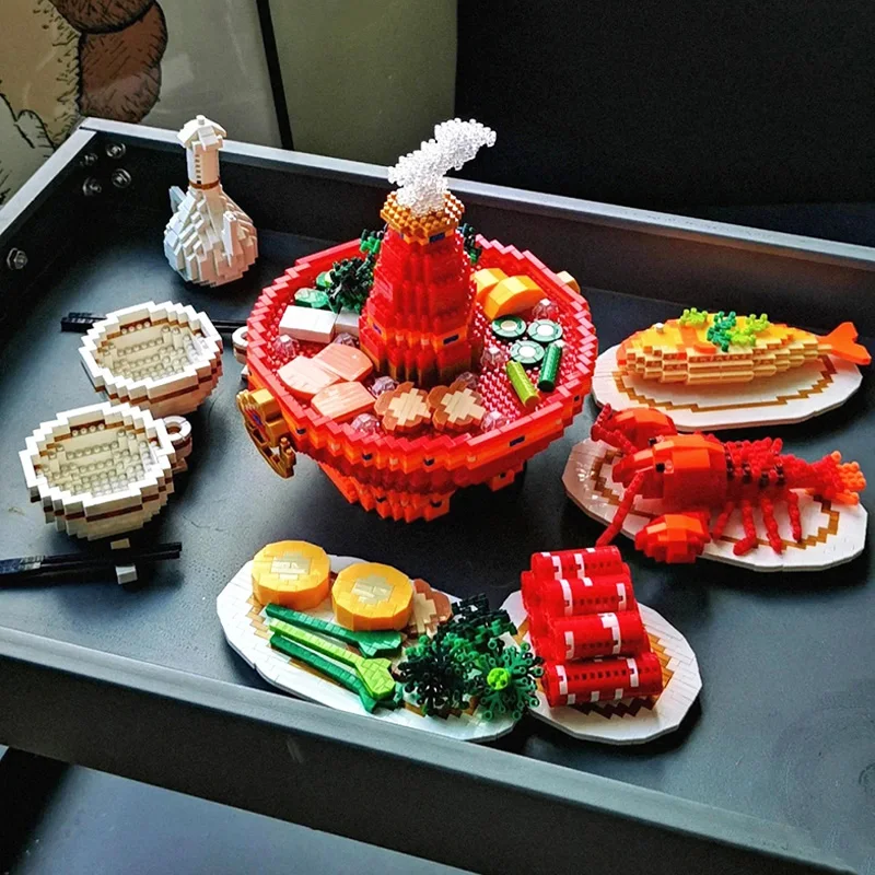 

Toy for Children Hot Pot Fish Lobster Lamb Roll Vegetable Wine Food 3D Model DIY Mini Diamond Blocks Bricks Building