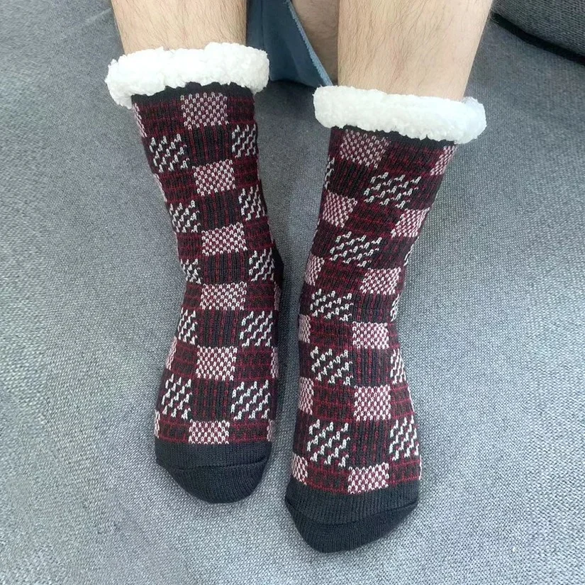 

Mens fuzzy Socks Plaid Winter Short Cotton Thickened Home Sleeping Thermal Soft Anti slip Floor Sock Male Gifts Fluffy 2024 New