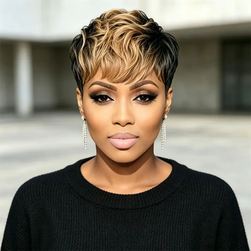 Parrucca Pixie Cut con frangia, realizzata a macchina, nera, bionda, riccia, a strati, in vero capello umano, per donne, per uso quotidiano e per eventi. - immagine 2