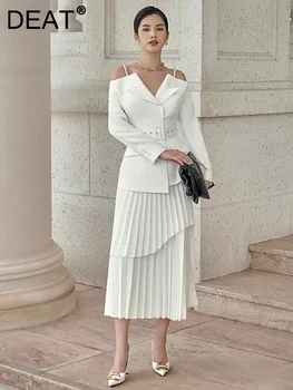 تنورة نسائية غير منتظمة بكسرات ، معطف برقبة على شكل حرف V ، حزام منقسم ، خصر ، خليط ، موضة جديدة ، بدلات ربيعية ، من 13DB3648 ، طقم 2 1