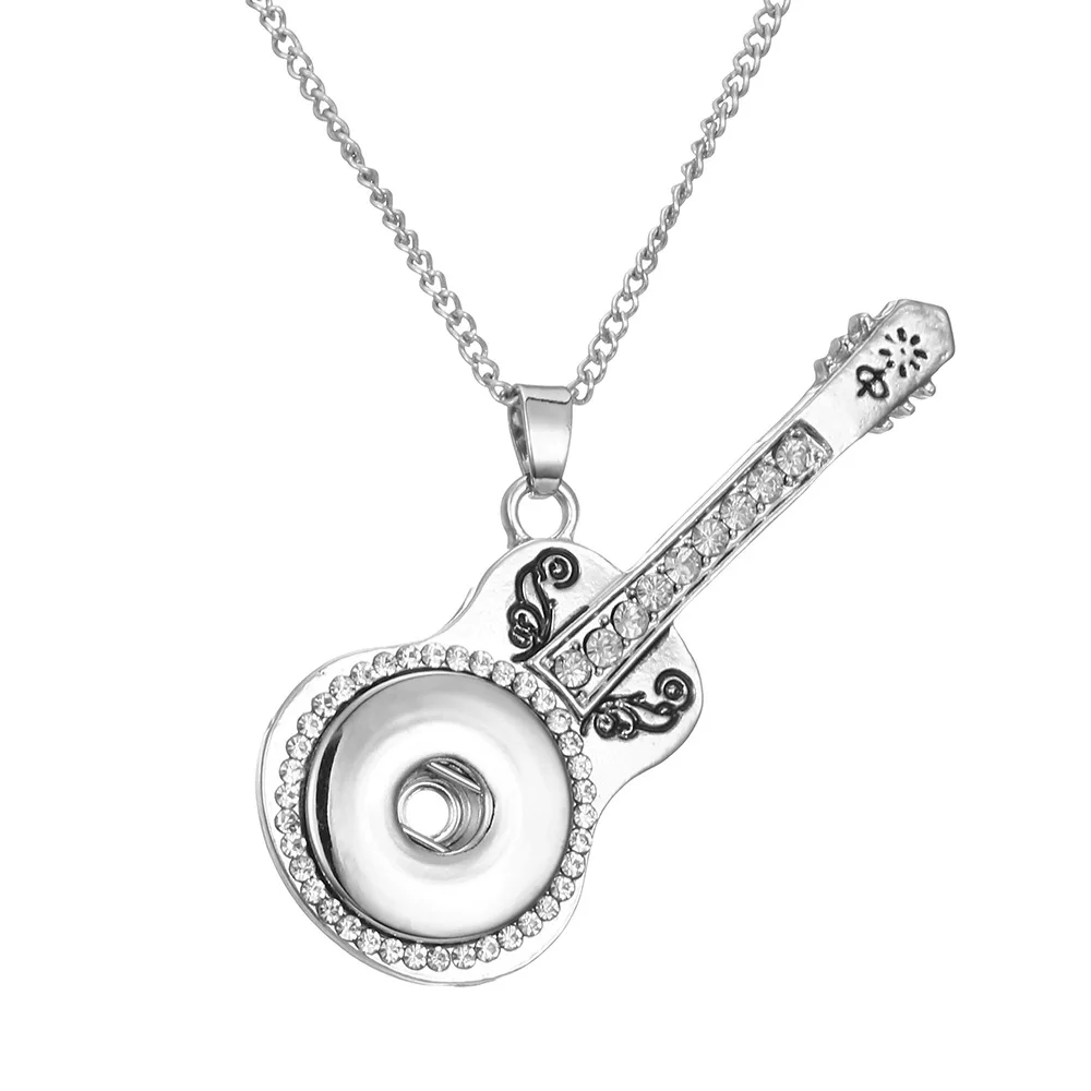 10pcs Metal Key Owl Guitar Crystal Snap Button Necklace Fit 18MM Snap Buttons Jewelry Pendant Necklaces