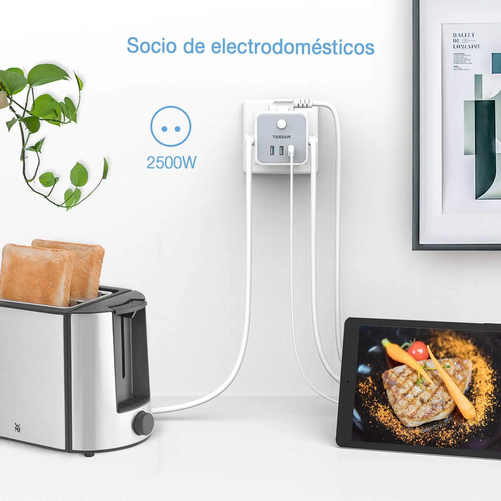 3  AC ܼƮִ TESSAN 6 in 1 EU   3  USB Ʈ /繫  2500W 5V/2.4A    ȣ