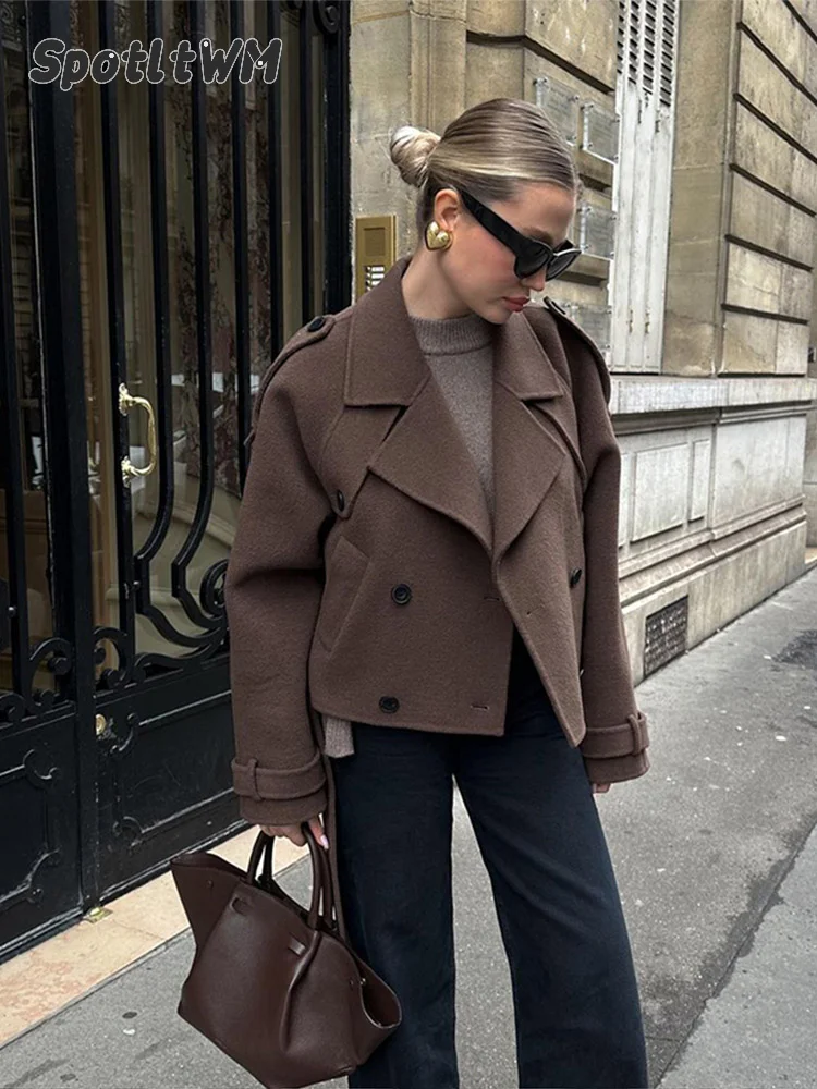 Wool Overcoat Women Long Sleeve Double-breasted Casual Lapel Neck Short Blend Jacket Ladies Stylish Street Outerwear