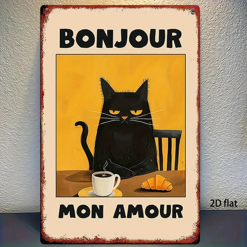 Französisch inspiriertes Wandkunstschild aus Metall – Black Cat Coffee & Bread Retro-Blechdekor mit Bonjour & Mon Amour Text, rustikales Eisen P