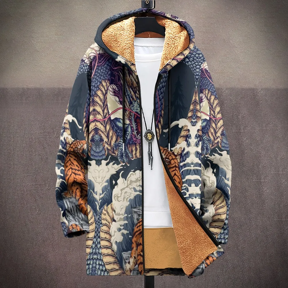 Men Cardigans Coats Koi Fish Printed Plush Thick Winter Geometric Abstract Art Graphic Jackets Casual Streetwear Unisex Clothing 5