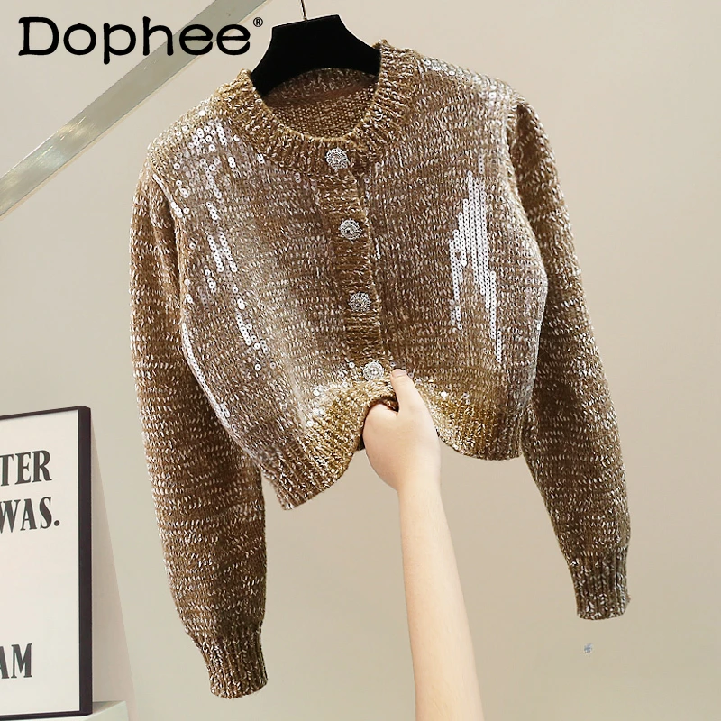 

High-End Large Drill Buckle Single-Breasted Short Sequined Long-Sleeved Sweater Women Temperament Youthful-Looking Knitted Top