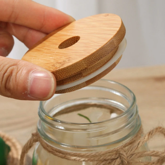 Reusable Bamboo Mason Jar & Beer Can Glass Lid with Straw Hole - 70mm