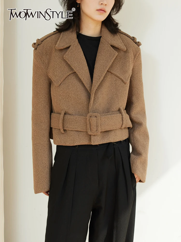 

TWOTWINSTYLE Solid Minimalist Jackets For Women Notched Collar Long Sleeve Patchwork Belt Casual Chic Jacket Female Clothing New