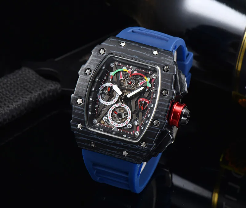 2022 Full-featured 6-pin Men's High Quality Quartz Watch Hollow Glass Back Stainless Steel Case Watch Black Rubber