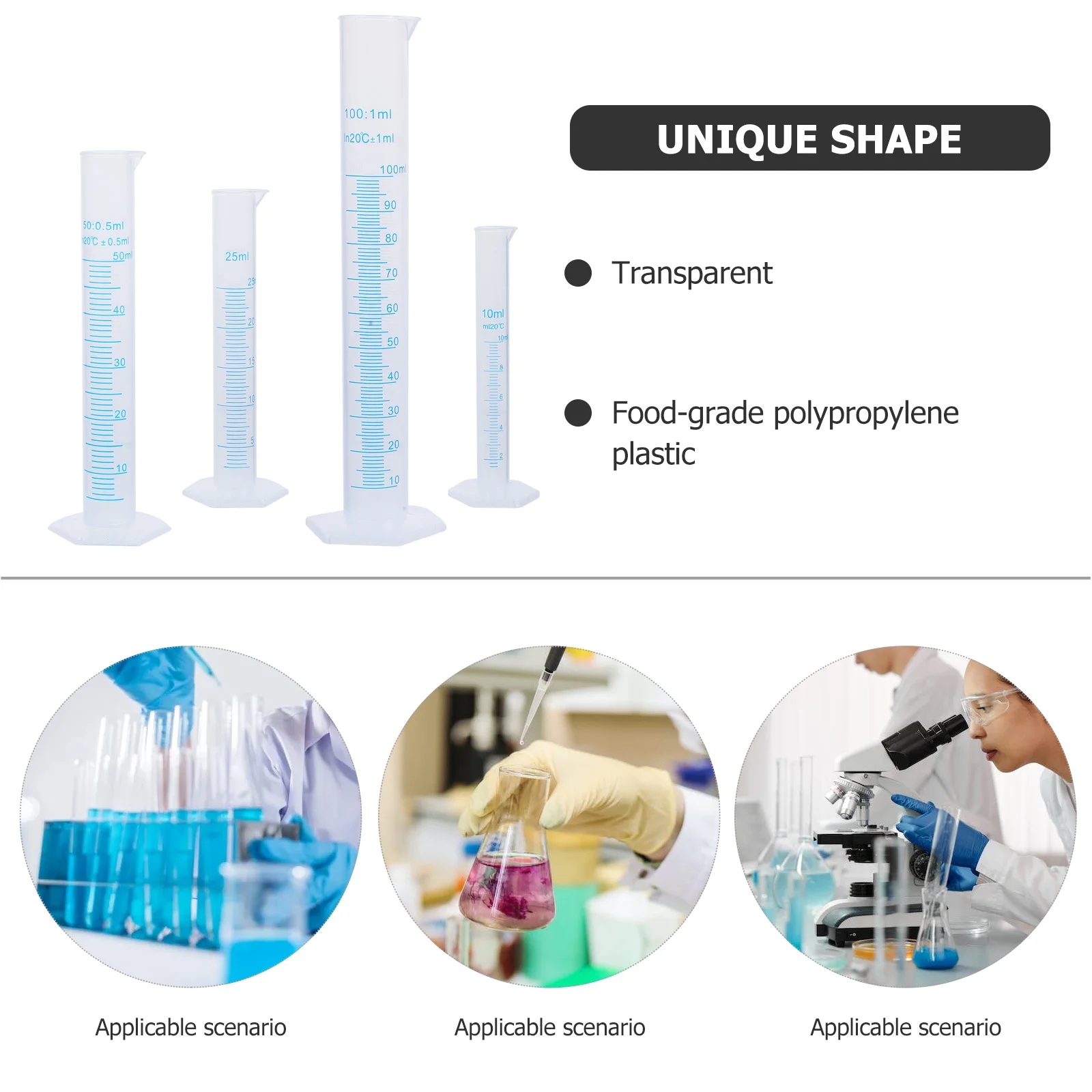 Plastic Measuring Cylinder 4pcs Transparent Graduated 10ml / 25ml / 50ml 100ml