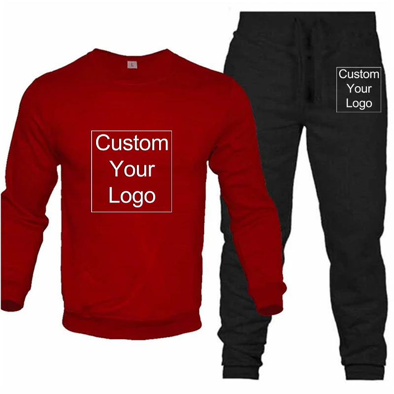 New Custom Logo Solid Color New High-Quality Men's Leisure Sports Round Neck Hoodless Sweater Pullover+Outdoor Running Pants Set