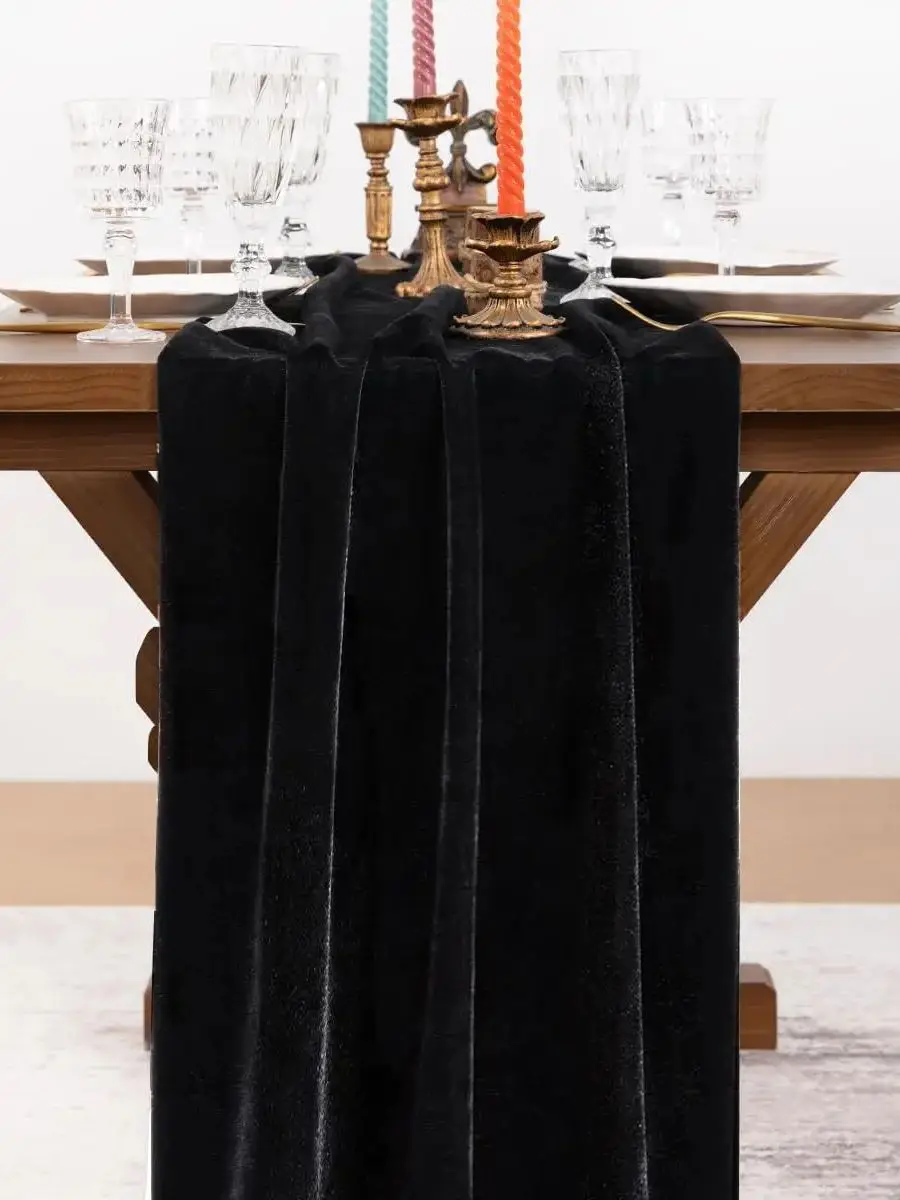 1pc Black Velvet Table Runner for Parties 120 Inch Soft Dinner Luxury Table Runners - Wedding Reception Table Decorations