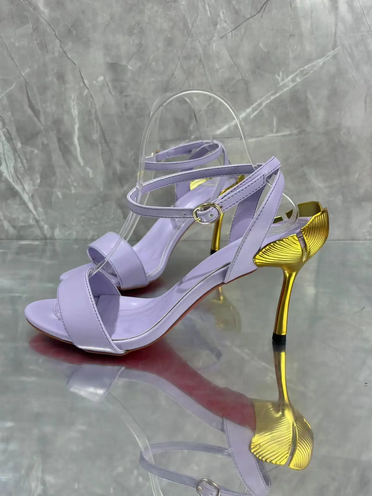 

Graceful Woman Strange Heel Sandals Shoes Buckle Ankle Strap Gold Thin High Heel Summer Purple Wedding Party Sandal For Female