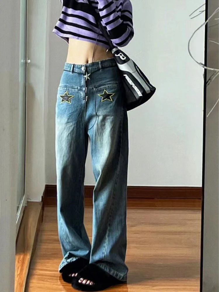 Deeptown Y2k Vintage Star Blue Jeans Women Hippie Kpop Oversize Denim Pants Korean Harajuku Streetwear Wide Leg Baggy Trousers