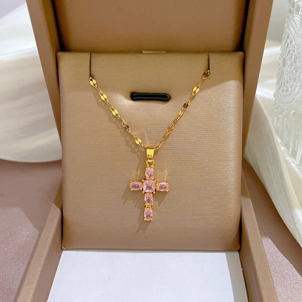 

2023 Stainless Steel Diamond Zircon Cross Pendant Necklace For Women Female Vintage Delicate Necklace Gift Jewelry Wholesale New