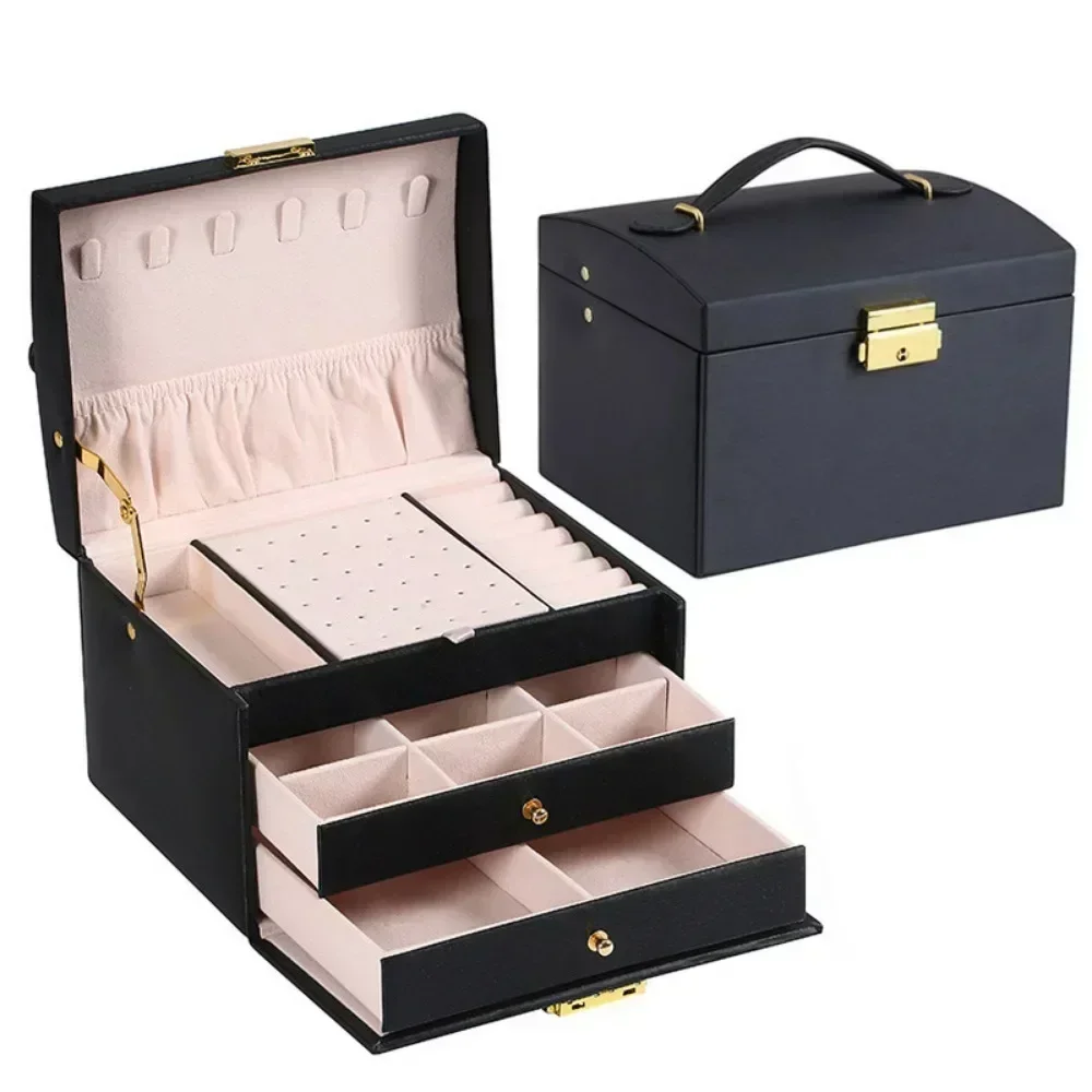 Three Drawer Handheld Jewellery Box Earring Ring Necklace Storage Box PU Leather Jewellery Display Box With Security Key Lock