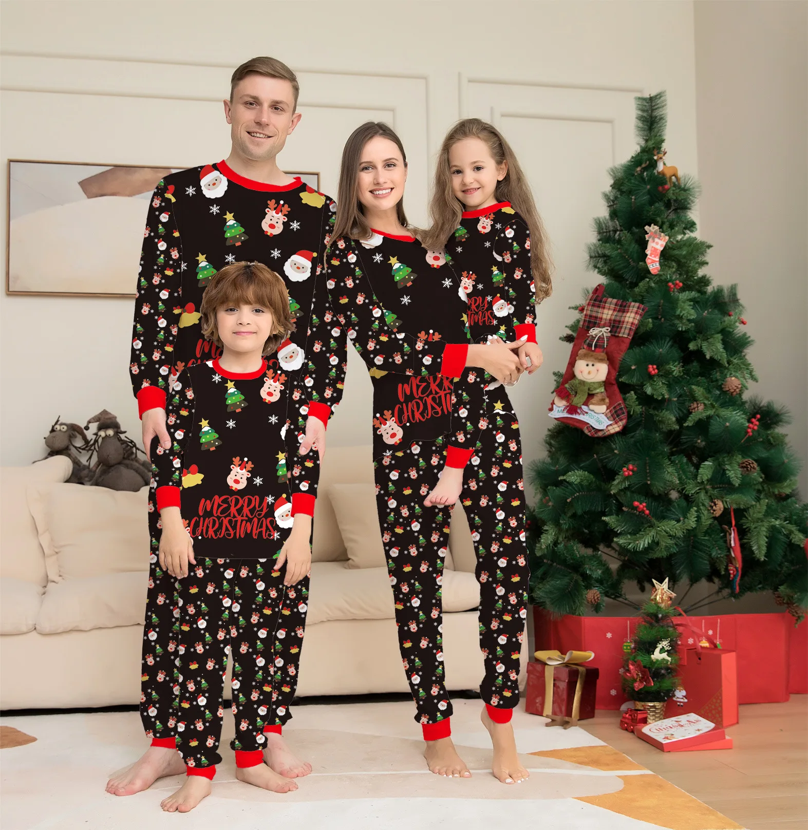 thumbnail image 2 of Conjunto de pijamas a juego para toda la familia de Navidad 2024, pijama con estampado de Papá Noel y ciervo navideño, conjunto de ropa para adultos y niños, mono de bebé y ropa para perros, 2 of 5