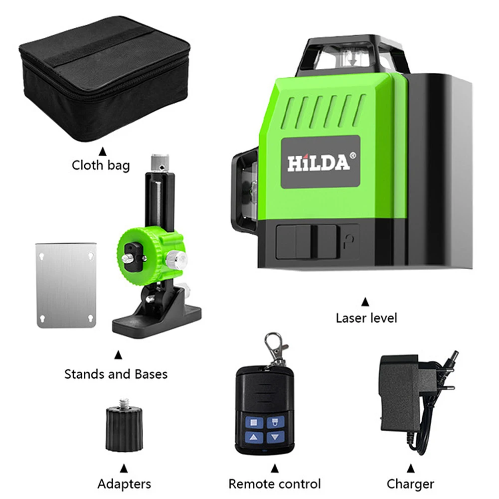 HILDA Mini Laser Level Meter 12 Lines 3D Self-Leveling 360&deg; Horizontal & Vertical Cross Line Green Laser Beam 3000mAh Instrument laser level