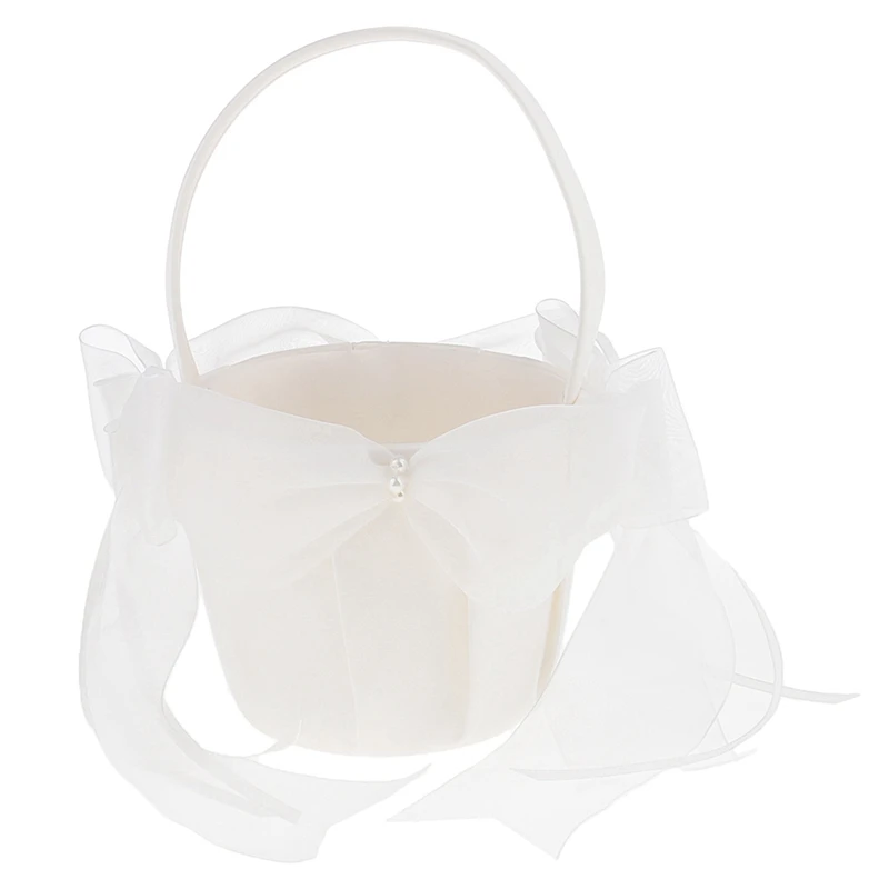 Beige Satin Flower Girl Basket Large Tulle Bow Wedding Party Supplies
