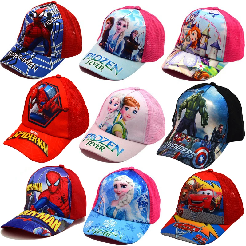 Disney Anime Frozen Mickey Mouse Kids Brand Hat Boy Girl Travel Caps Spiderman Mickey Minnie Baby Caps Figure Gift Toys 2-8Y