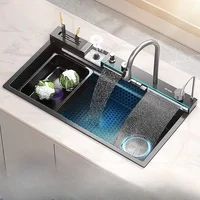 Waterfall Kitchen Sink Stainless Steel Extra Large Single Slot Cup Washer Embossed Digital Display Multifunctional Sinks 1