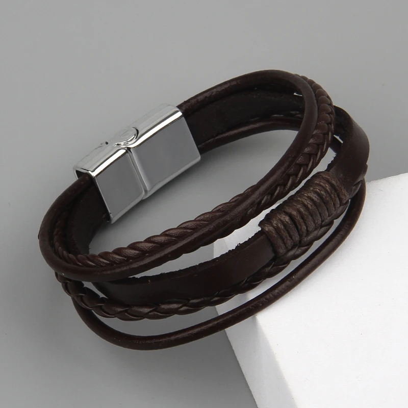 

2022 Charm Jewelry Multilayer Handmade Weave Leather Bracelet Vintage Cuff Magnet Bracelet Men Pulsera Hombre