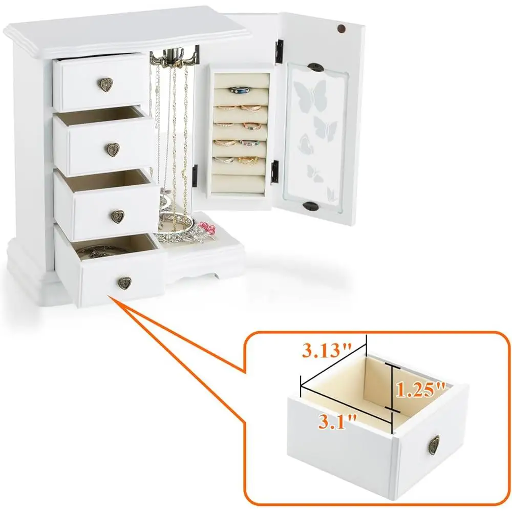 Elegant Solid Wood Jewelry Storage Box 4-Drawer Design Necklace Carousel Ring Organizer Ideal Gift Women 4