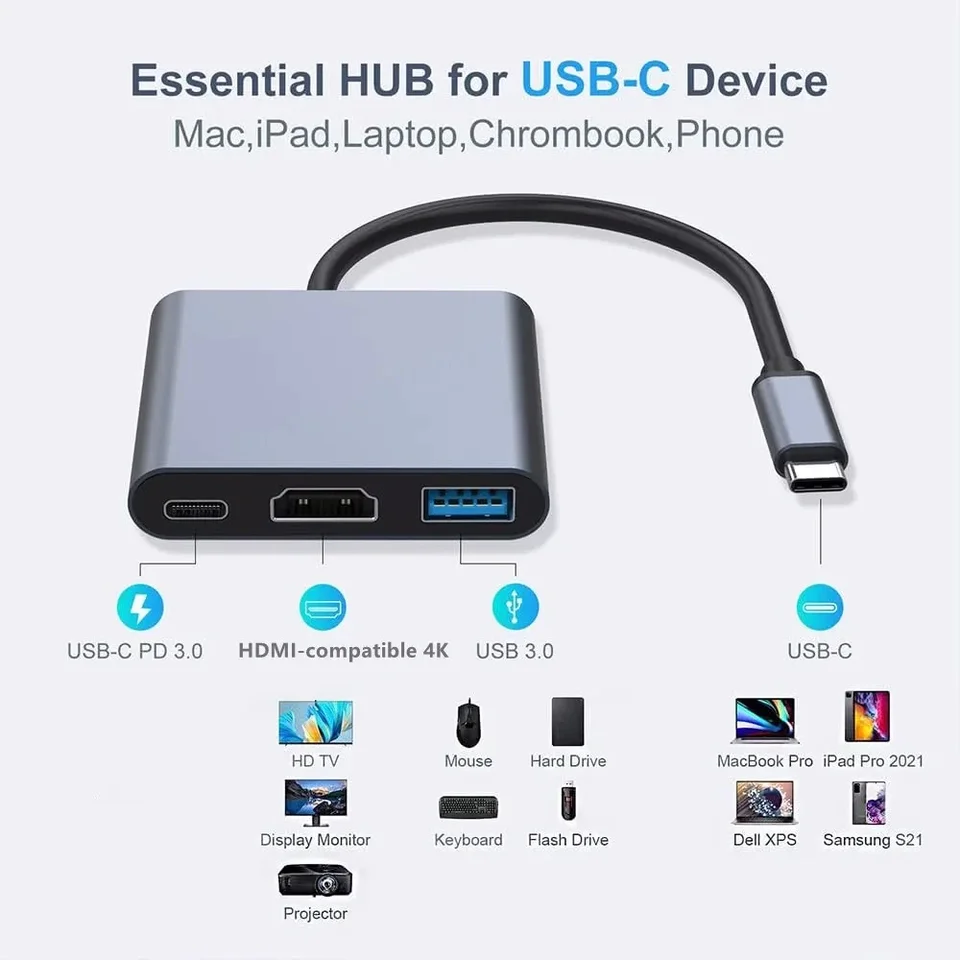Adattatore USB C A HDMI 4K 3-in-1: Porta USB 3.0 E Ricarica 100W Per MacBook, IPad Pro, Chromebook - 3