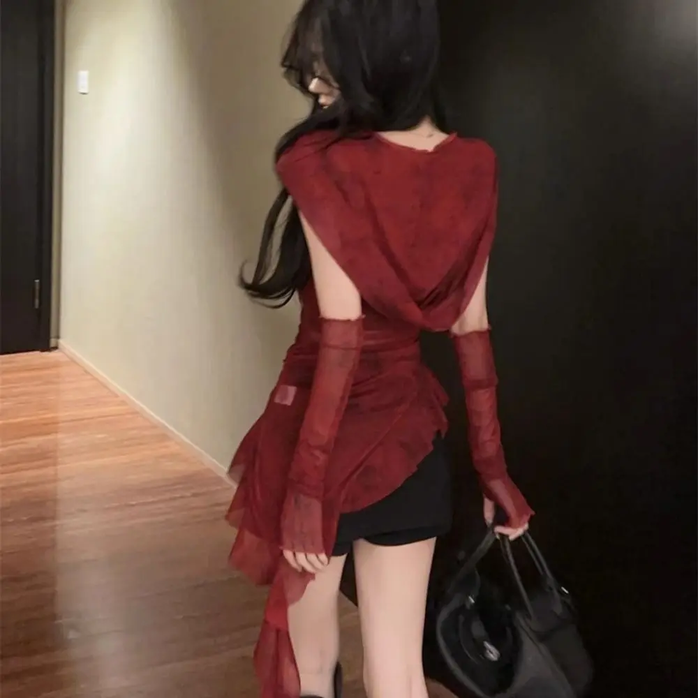 Y2K Tees Ruffle Long Sleeve Shirt Mesh Hooded T-shirt Vintage Gothic Hooded Square Neckline Design with Sleeves Long Sleeve Tops