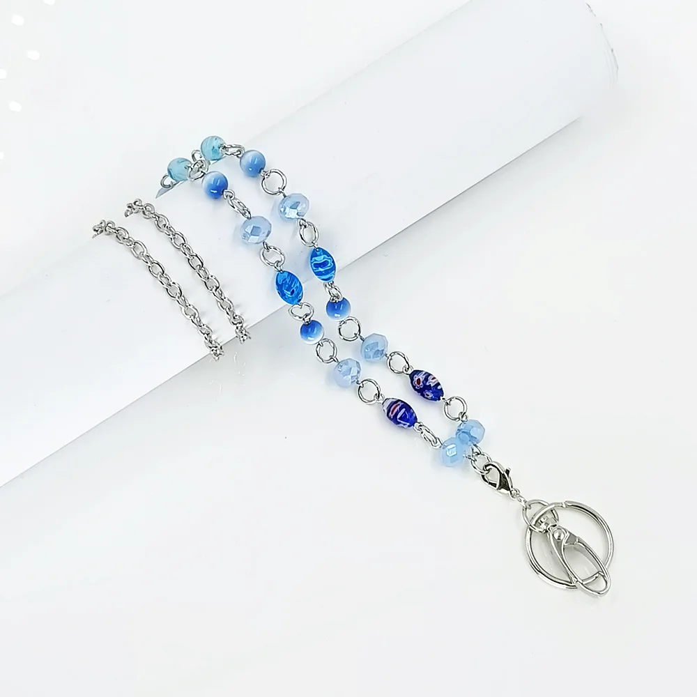 여성 패션 블루 비즈 끈, ID 홀더 이름 홀더 클립 끈 체인 키 ID 이름 배지 카드 홀더