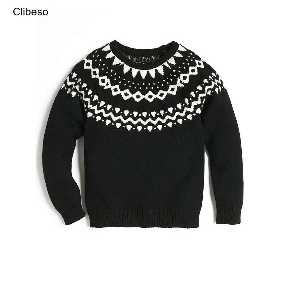 

2023 Clibeso Vintage Knit Pullovers for Boys Kids Geometric Embroidery Knitted Sweater Children Winter Tops Child Boys' Knitwear