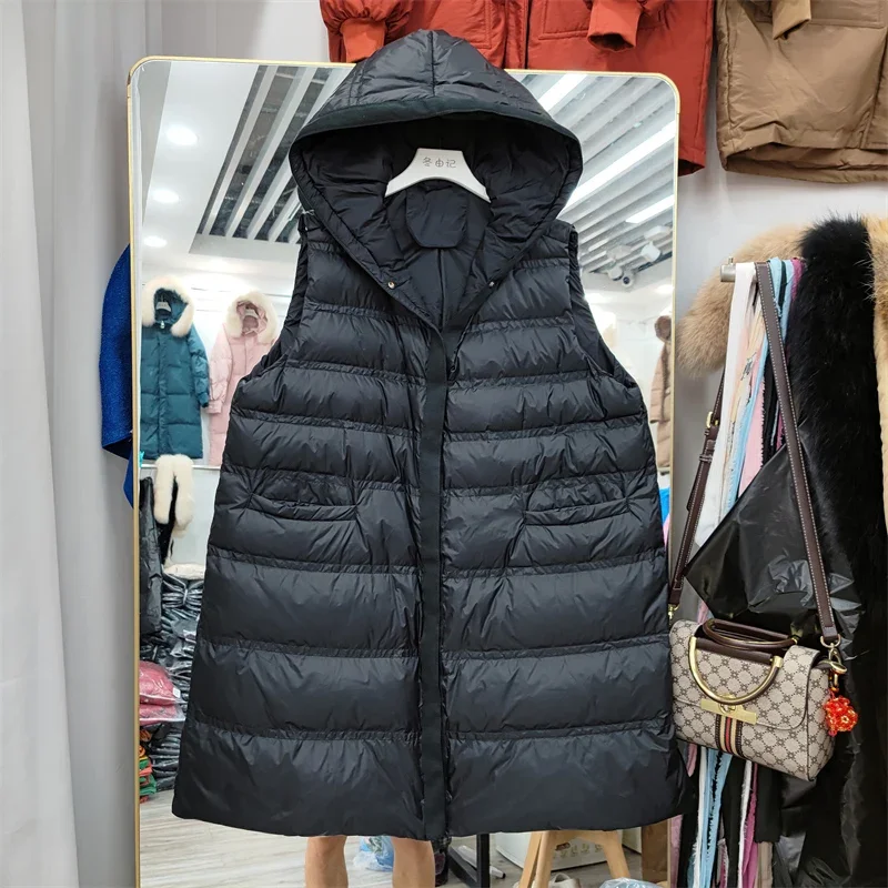 

Lagabogy 2023 Winter Women Puffer Jacket Light Long Hooded 90% White Duck Down Vest Female Casual Waistcoat Loose Sleeveless