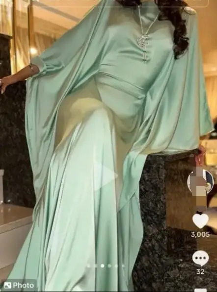 

OLOEY Simple Kaftan Silk Evening Dresses Dubai Arabic Women Straight Puff Long Sleeves Prom Gowns Formal Occasion Party Dress