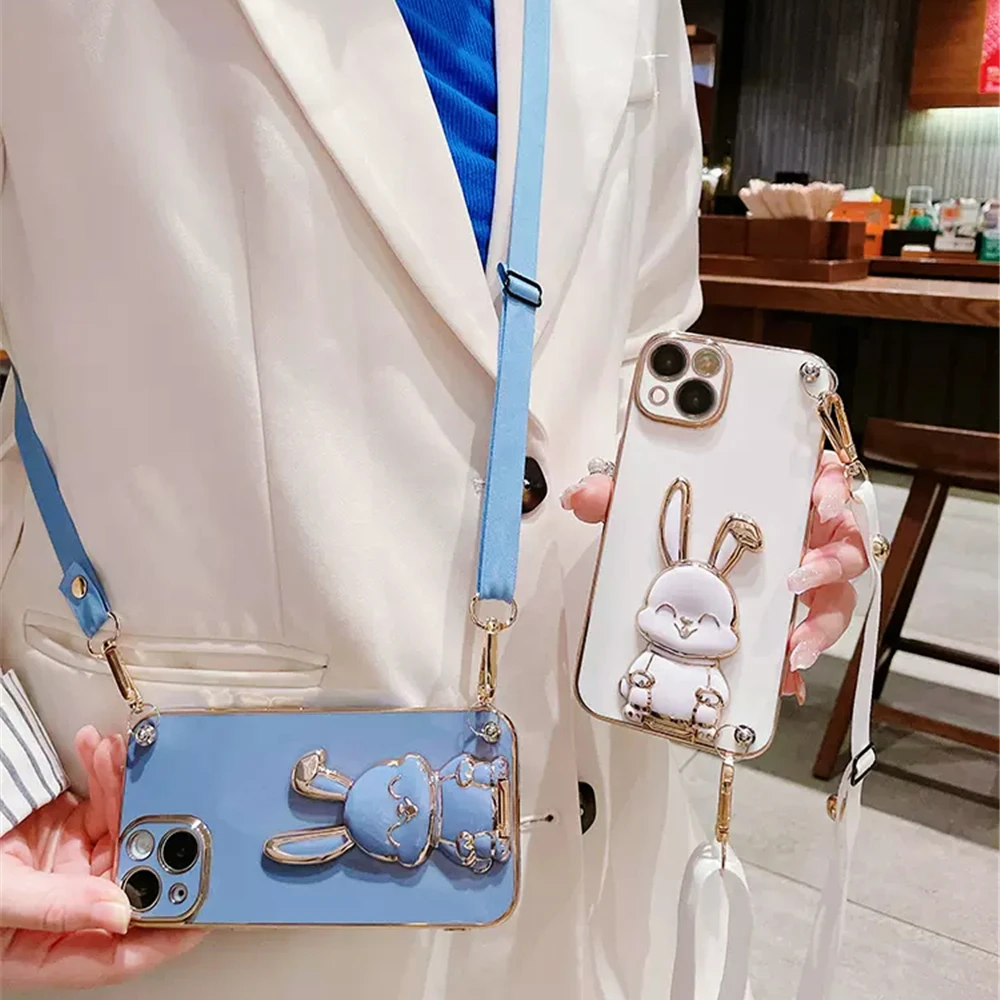 Cute Rabbit Design Crossbody Lanyard Phone Holder Case with Shockproof Stand and Plating Cover