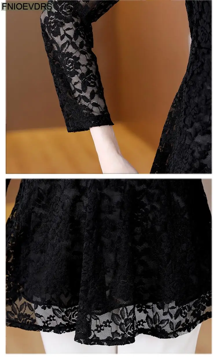 M-4XL 2023 Women Hot Sales Elegant Office Lady Work Button Black Lace Shirt Casual Belly A Line Tunic Peplum Tops And Blouses