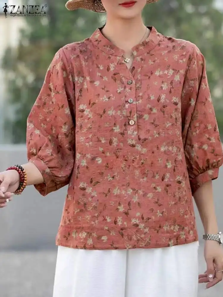 

ZANZEA Bohemain Casual Blouse Woman Floral Printed Shirt Female 3/4 Sleeve V-Neck Tunic Tops Elegant Loose Blusas Oversized 2023