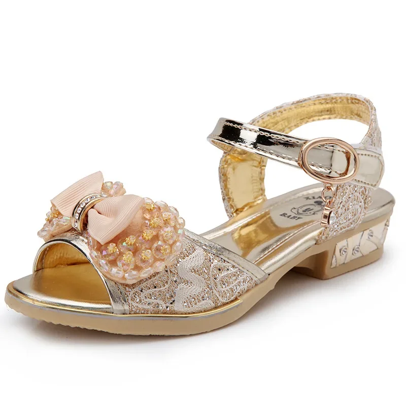 Summer Princess Children's Sandals Girls Sequins Low Heels Non-slip Shoes Fashion Bowknot Kids Beach Sandals Causal Versatile