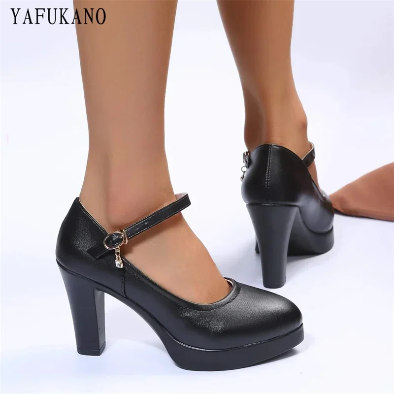 Fashion Ankle Strap Chunky Heeled High Heels Pointed Toe Platform Women Pumps Black Comfortable Matte Leather Office Work Shoes