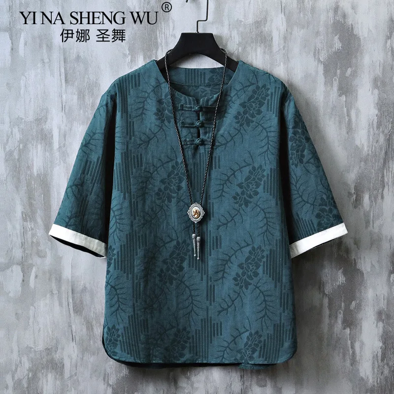 Kimono Japanese Style Men's Short Half-sleeved Shirt T-shirt Japanese Yukata Feather Knitted Cardigan Clothing Cotton and Linen