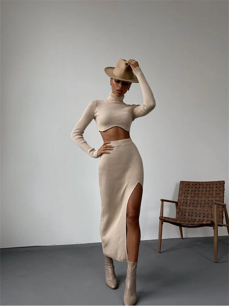 

2022 Autumn Sexy Solid Ribbed Two Piece Sets Club Outfit For Women Long Sleeve O Neck Crop Top And Skirt Sets Female
