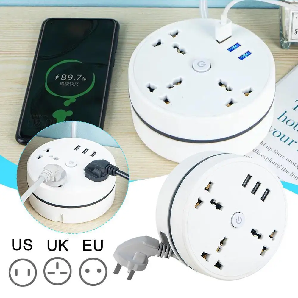 Universal Travel Power Strip With 3 USB Ports 2500W 10A 2.8m Rollable Extension Cord For Home Office Travel Charging Station