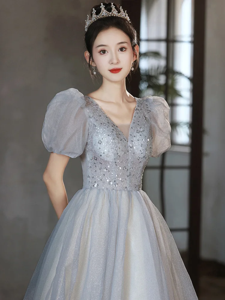 

Elegant Women Evening Dresses 2023 Exquisite V-Neck Puff Sleeve Celebrity Gowns New Sequins Floor-Length Birthday Party Dress