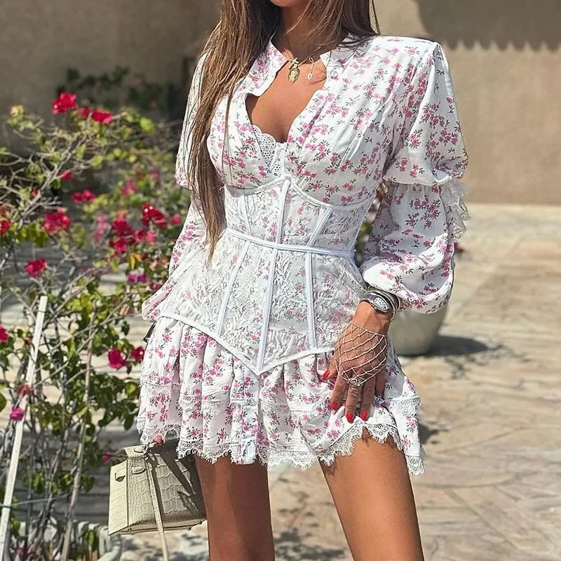 2025 Women Patchwork Lace Waist A-line Dress Sexy V-neck