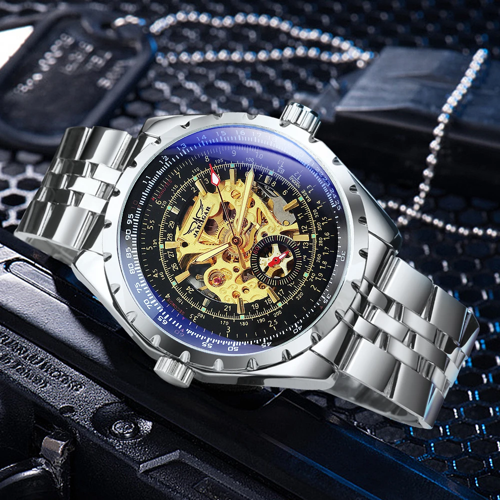 Luxury JARAGAR Men's Skeleton Mechanical Watch with Luminous Hands and Leather-Steel Strap