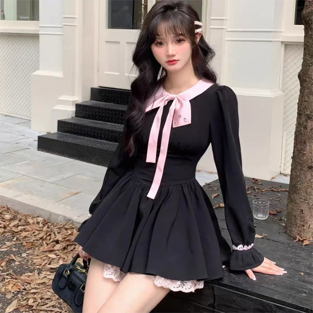 Y2K Black Short Dresses for Women Lace Ruffles Patchwork Long Sleeve A-line Princess Party Dress Korean One Piece Vestido New