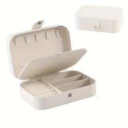 Leather Zipper Portable Jewelry Organizer Box with Button Closure (White)